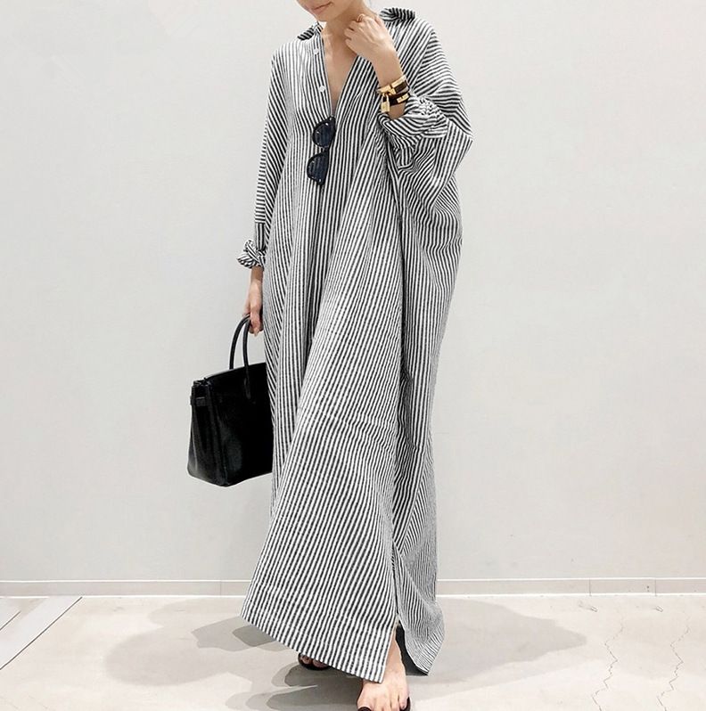 Effortless Elegance Stripe Cardigan Dress – Oversized Cotton Blend Wrap Dress With Asymmetrical Hem & Long Sleeves (Gray/Black/Sky Blue/Red/Pink)_ecoleips.com