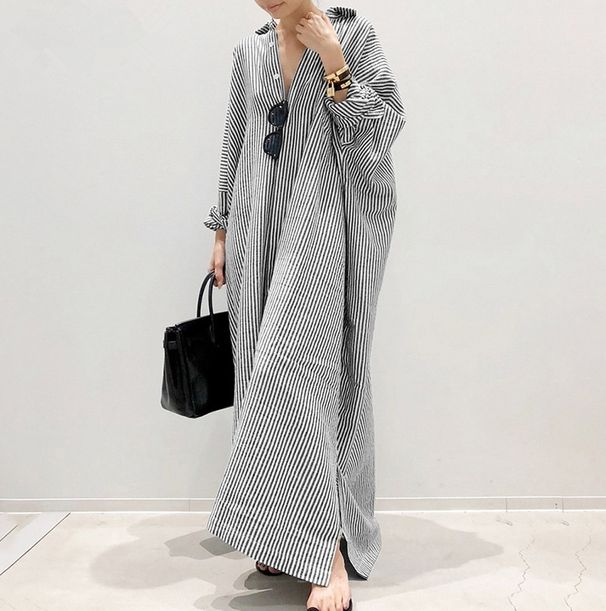 Effortless Elegance Stripe Cardigan Dress – Oversized Cotton Blend Wrap Dress With Asymmetrical Hem & Long Sleeves (Gray/Black/Sky Blue/Red/Pink)_ecoleips.com