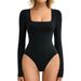 plus Size Women's Cross-Border European American Style Slim Fit Bodysuits Long Sleeves Square Neck Base Layer T Shirts_ecoleips.com