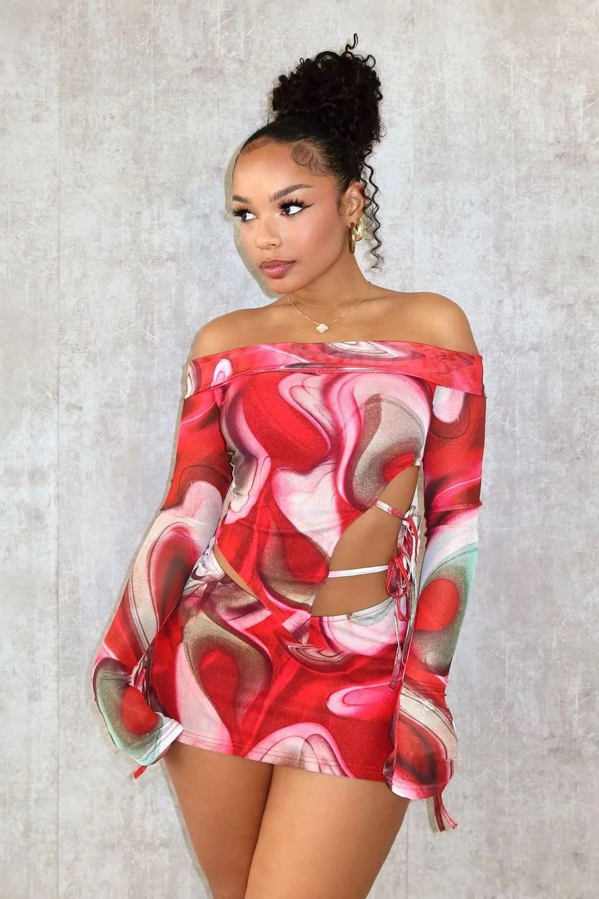 D8670 Spring Summer New Women's Casual Printed Long Sleeve Personality Split Skirt Set_ecoleips.com