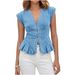 Women's V Neck Slim Fit Denim Vest Top Fashionable Casual Button Down European American Style Cross Border Sleeveless Pleated_ecoleips.com