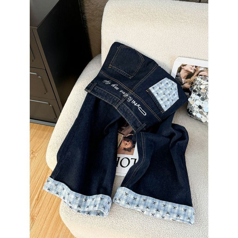 Women's High-Waisted Wide-Leg Jeans – Contrast Cuff & Letter Embroidery, Relaxed Fit Dark Blue Denim Pants (XS-3XL)_ecoleips.com