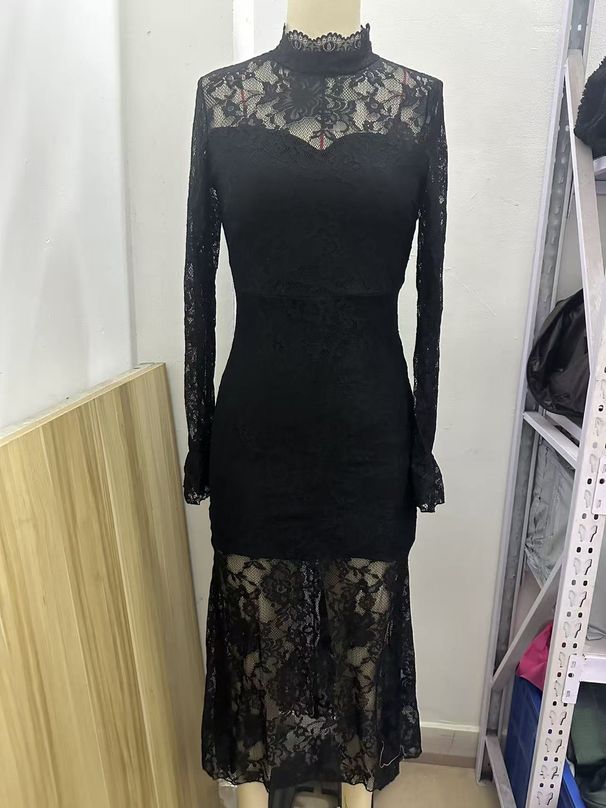Summer Fashion European-USA Style Evening Dress Women Half High Neck Elegant Party Black Elastic Lace Hollowed-Out Fishtail Dress_ecoleips.com