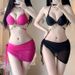 Women's Black Push Up Padded Bikini Small Bust Underwire Rhinestone Chain Three Piece Swimsuit Sexy Vacations Hot Springs_ecoleips.com