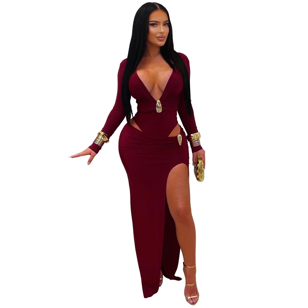 Women's Sexy V-Neck Solid Color Long Sleeve Bodycon Dress Fashion Elegant Slimming Fit Maxi Dress_ecoleips.com