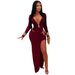 Women's Sexy V-Neck Solid Color Long Sleeve Bodycon Dress Fashion Elegant Slimming Fit Maxi Dress_ecoleips.com