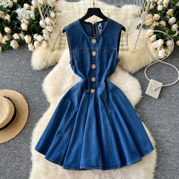 Women's Clothing Sleeveless Vest Denim Skirt Waist Slimming Heavy Beaded Single Breasted Pleated Dress_ecoleips.com