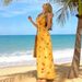 Women's French V Neck Yellow Floral Print Halter Belted Flowy Maxi Dress – Slimming Sweet Summer Gown_ecoleips.com