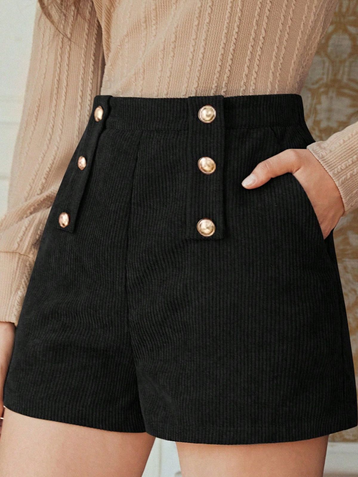 Women's High Waist Corduroy Autumn Winter Slimming Wide Leg A-Line Shorts Casual Black_ecoleips.com