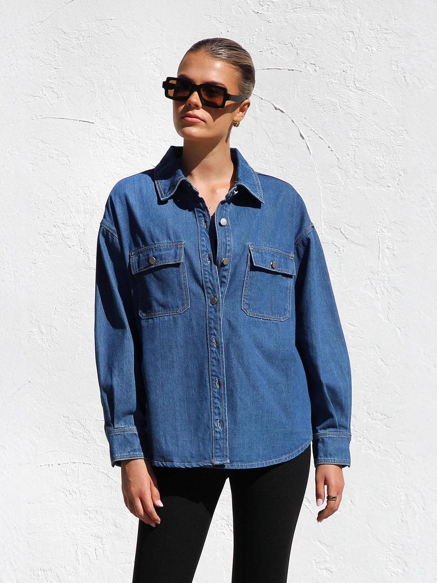 Women's Clothing Denim Shirt For Women New Fashion Casual Versatile Double Pocket Loose Shirt_ecoleips.com