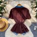 Women's French Retro Denim Patchwork Vintage Shirt Summer Short Sleeve Fitted Waist Tie Slimming Commuter Style Top_ecoleips.com