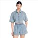 Women's Retro Rhinestone Detail Casual Shirt And Denim Shorts Set Heavy Duty Loose Fit American Style Fashion_ecoleips.com