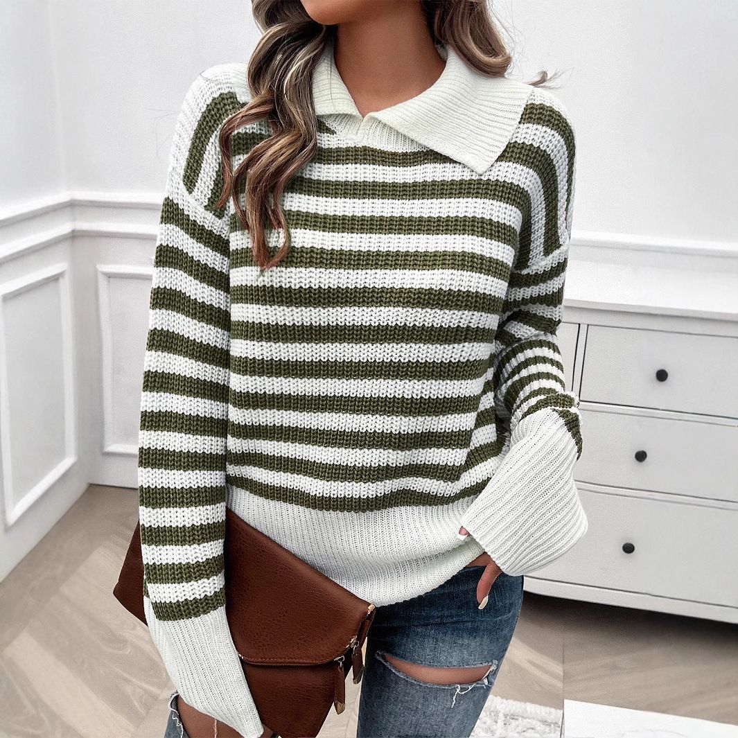 Women’s Striped Lapel Sweater – Lightweight Knit Pullover For Spring & Summer (S/M/L/XL)_ecoleips.com