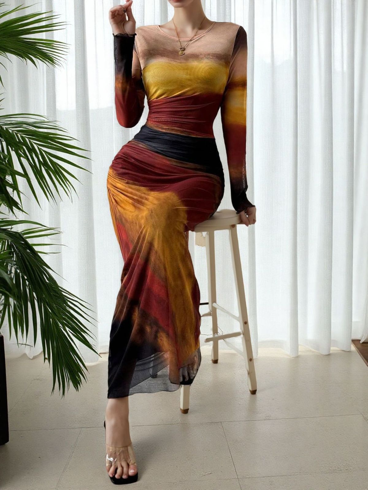 Women's Sexy Mesh Floral Print Ruched Round Neck Bodycon Midi Dress – Summer Party Gown 2026_ecoleips.com