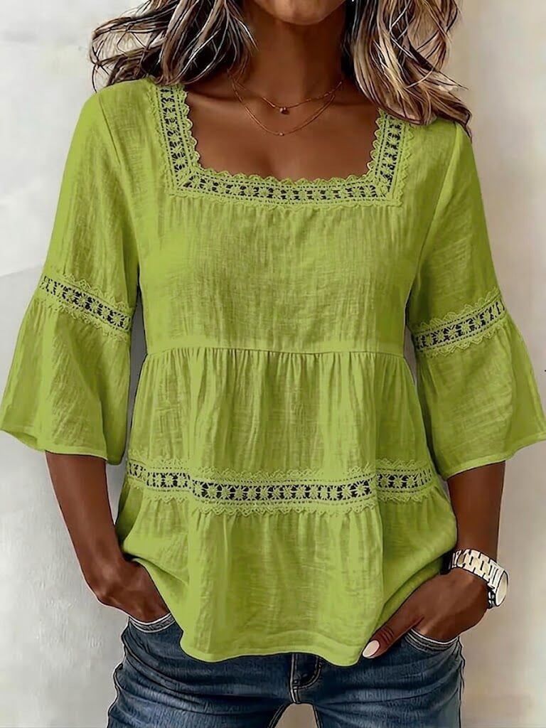 Women's Casual Square Neck Top Solid Color Cotton Linen Blend Lace Trim Three Quarter Sleeve Summer Wear_ecoleips.com