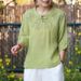 This Fresh, Green-Themed Literary And Artistic Retro-Style Top Features Five-Quarter Sleeves, A Stylish Buttoned Design,_ecoleips.com
