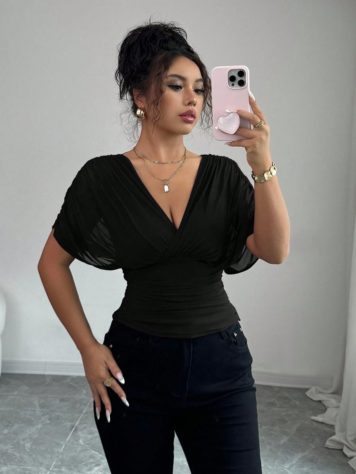 Women's Fashion Solid Color Deep V Neck Short Sleeve Slim Fit Top European American Style_ecoleips.com