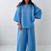 Women's Waffle Knit Set Solid Color Loose Fitting Wide Sleeved Top High Waisted Wide Leg Pants Two Piece Cross Border_ecoleips.com