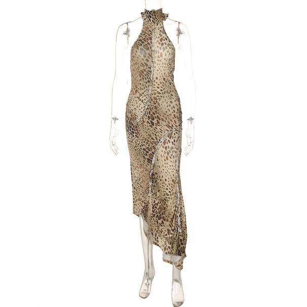 2024 Autumn New Fashionable And Unique Leopard Print Off-Shoulder Halter Neck Tie-Up Backless Bodycon Long Dress_ecoleips.com