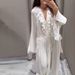 Elegant V-Neck Lace Trimmed Long Dress – Romantic & Chic Women's Evening Gown, Flowy & Feminine (White, S-L)_ecoleips.com
