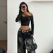 Voya Women's Black Sexy Off Shoulder Hanging Neck, European And American Spicy Girl BM Style Hollow Cross Strap Design, Niche Short Top_ecoleips.com