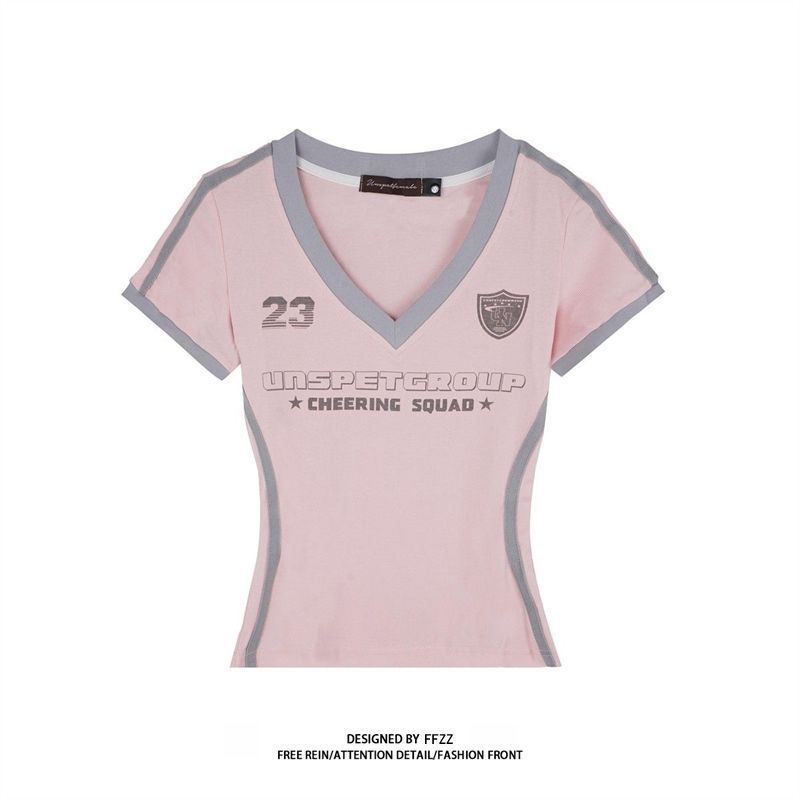 Women's Clothing Sweet And Cool Hot Girl Short Sleeve T-Shirt Slim Fit Unique Design Retro V Neck Top For Summer Women_ecoleips.com