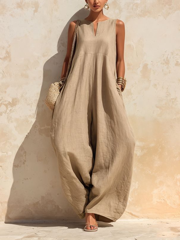 Women's Elegant Comfortable Sleeveless Jumpsuit V Neck Wide Leg Solid Color Simple European And American Style Cross Border Fashion Romper_ecoleips.com