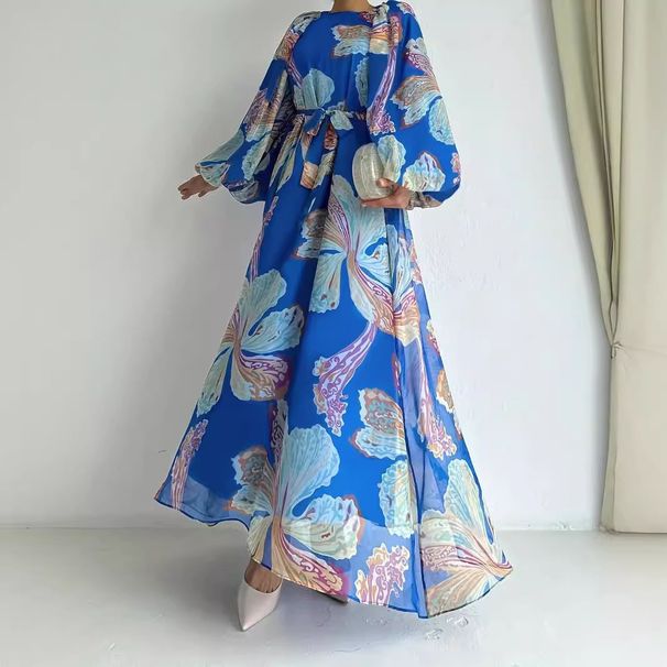 Women's Clothing Ladies Middle Eastern Muslim Chiffon Flower Belt Long Fashionable And Elegant Dress_ecoleips.com