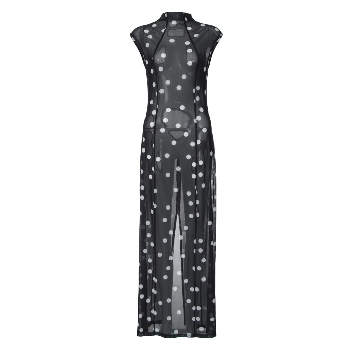 Vintage Polka Dot Print Sleeveless Dress With Tie Waist, Flowy Bias Cut For Summer Elegance Versatile Neckline & Sleeveless Design_ecoleips.com