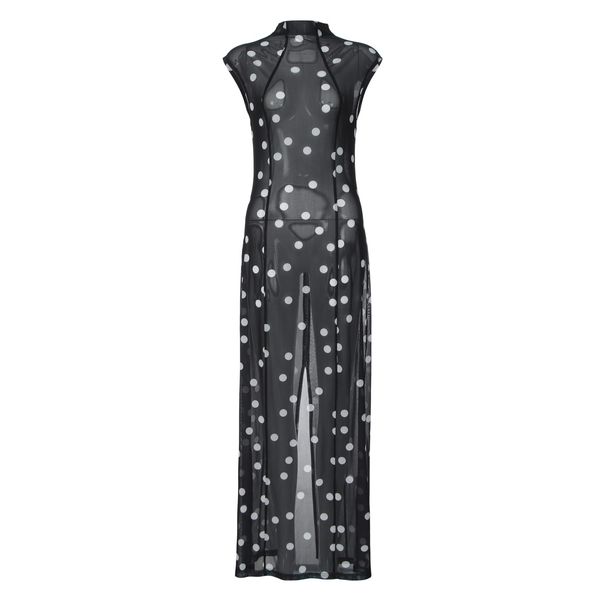 Vintage Polka Dot Print Sleeveless Dress With Tie Waist, Flowy Bias Cut For Summer Elegance Versatile Neckline & Sleeveless Design_ecoleips.com