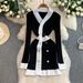 Petite V-Neck Color-Block Knit Dress – Double-Breasted Waist-Defining Midi Dress For Autumn | Elegant Office & Date Night Pullover_ecoleips.com