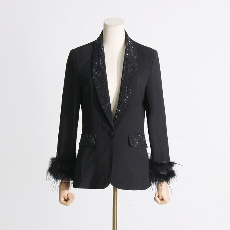 Women's Long Sleeve Top with Rhinestone Studded Neckline And Ostrich Feather Trim Cuffs European American Style for Autumn_ecoleips.com