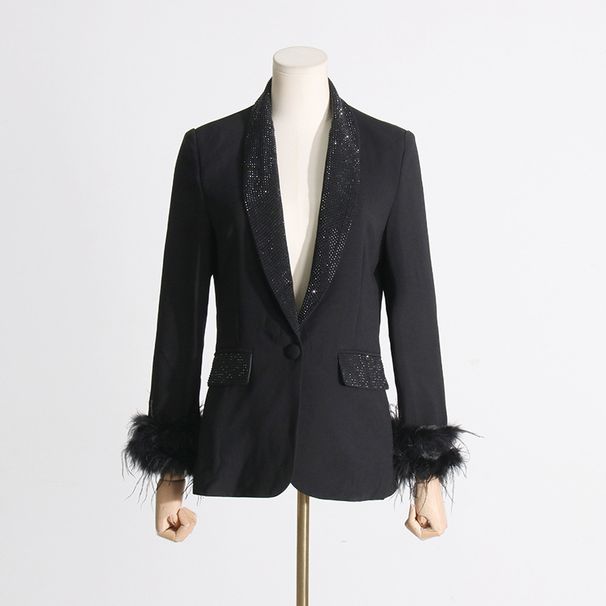 Women's Long Sleeve Top with Rhinestone Studded Neckline And Ostrich Feather Trim Cuffs European American Style for Autumn_ecoleips.com
