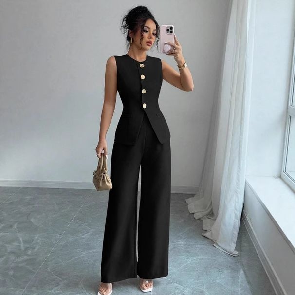 Voya Recommend! Ladies' Elegant Temperament Commuting Fashion Round Neck Vest Wide Leg Pants Two-piece Sleeveless Set_ecoleips.com