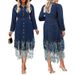 K Plus-size Women's Fashion Patchwork Denim Collarless Long-sleeved Fringed Midi Dress_ecoleips.com