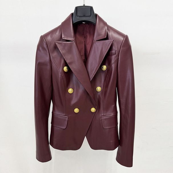 Elegant Burgundy PU Leather Blazer Jacket For Women - Slim Fit Fashion Outerwear With Notched Lapel, Stretch Comfort & Versatile Styling_ecoleips.com