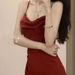 French Style Mid-Length Waist-Cinching Ruched Slimming Strap Dress For Women Black Long Sleeve Cardigan Two-Piece Set_ecoleips.com