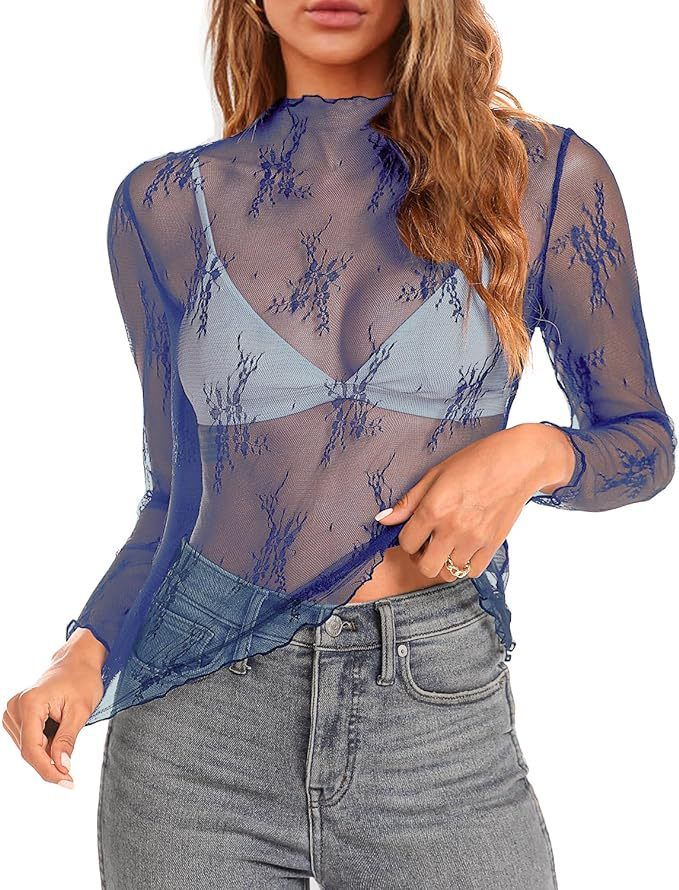 Women's Clothing Mesh Long Sleeved Floral Embroidery Perspective Bottoming T Shirt Shirt Tops Women_ecoleips.com