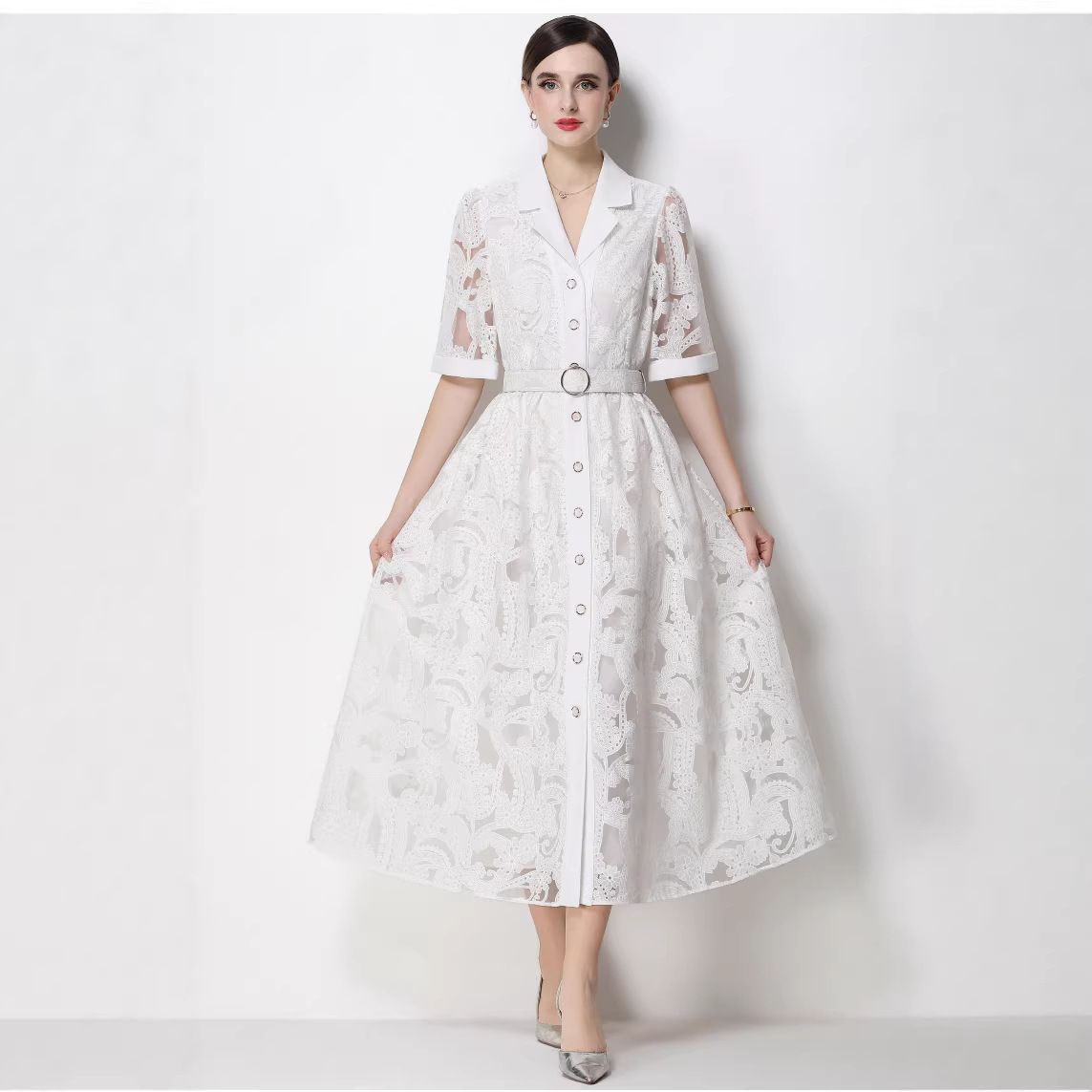 Women's French Style Lace Dress Light Luxury Heavy Suit Collar Waist Cinching Hollowed Out Slimming Midi Skirt With Belt_ecoleips.com