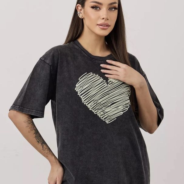 2024 Summer New Short Sleeve T-Shirt For Women, Washed Vintage Design, Printed Student Wear, Loose Mid-Length Top_ecoleips.com