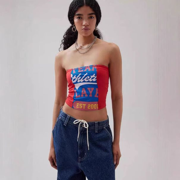American Street Style Retro Off-Shoulder Slim Fit Bandeau Top for Women Color Block Base Layer with Letter Print Hot Girl Trend_ecoleips.com