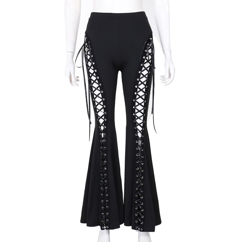 Women's Dark Street Style Eyelet Lace up Flare Pants Summer 2024 New Arrival CF24009 without Cover_ecoleips.com