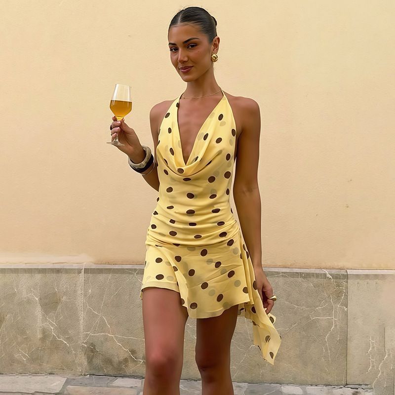 Summer New Women's Sexy Halter Neck Sleeveless Slim Polka Dot Mesh Dress_ecoleips.com