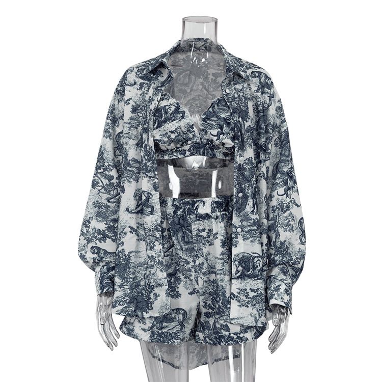 K Women's New Retro Shirt, Camisole Shorts Set, Ink Printed Fashionable Three Piece Set_ecoleips.com