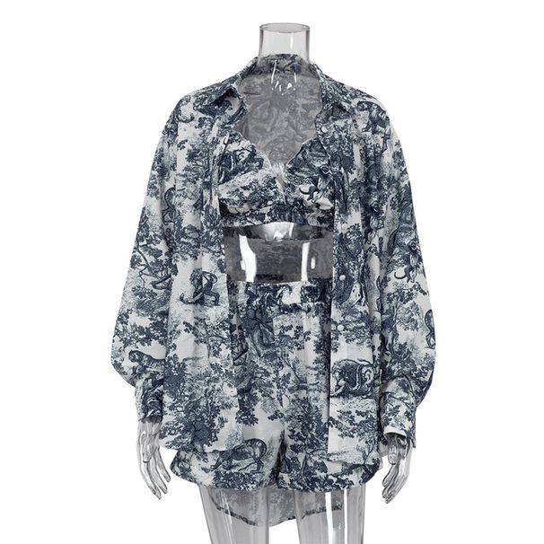 K Women's New Retro Shirt, Camisole Shorts Set, Ink Printed Fashionable Three Piece Set_ecoleips.com