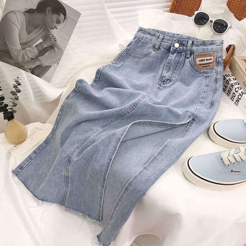 Women's High-Waisted Denim Midi Skirt Slimming A-Line Side Slit Irregular Bodycon Mid-Length Trendy Summer Skirt_ecoleips.com
