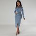 Women's Fashion Long Dress Denim Patchwork Mid Length Slit Mid-Calf Sleeve-Length_ecoleips.com