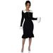 French-Inspired Knit Dress With Bell Sleeves – Black Fluted Hem Midi Dress (S-L, Slim Fit, High Neck, Polyester Blend, Vintage Elegance)_ecoleips.com