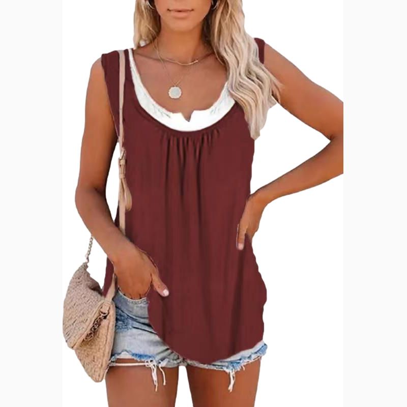 2024 Summer New Europe And The United States Women's Blouse Solid Color Patchwork Sleeveless Pleated Vest T-shirt_ecoleips.com