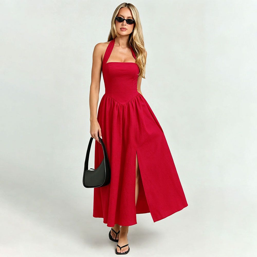 Voya French-style Vintage Halter-neck Tie Women, Backless, Waist-cinching, With Large Hem And Slit, Red, Suitable For A_ecoleips.com